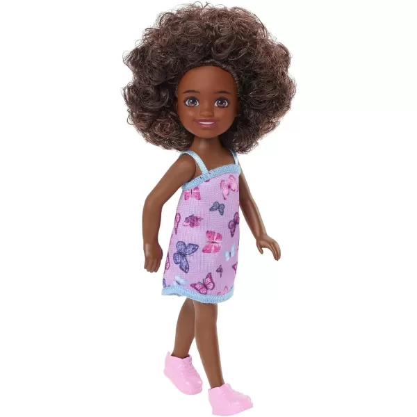 Barbie Chelsea Doll Brunette Curly Hair Wearing OneShoulder FlowerPrint Dress and Pink Shoes Toy for Kids Ages 3 Years Old amp UpBrown Hair Butterfly Dress Multicolor