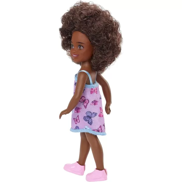 Barbie Chelsea Doll Brunette Curly Hair Wearing OneShoulder FlowerPrint Dress and Pink Shoes Toy for Kids Ages 3 Years Old amp UpBrown Hair Butterfly Dress Multicolor