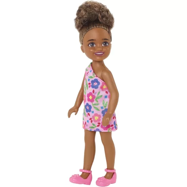 Barbie Chelsea Doll Brunette Curly Hair Wearing OneShoulder FlowerPrint Dress and Pink Shoes Toy for Kids Ages 3 Years Old amp UpChelsea Boots Multicolor