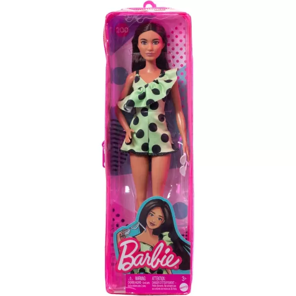 Barbie Fashionistas Doll 200 with Brunette Hair Lime Green Polka Dot Romper amp Barbie AccessoriesBarbie Fashionistas Doll 200 with Brunette Hair Lime Green Polka Dot Romper amp Barbie Accessories