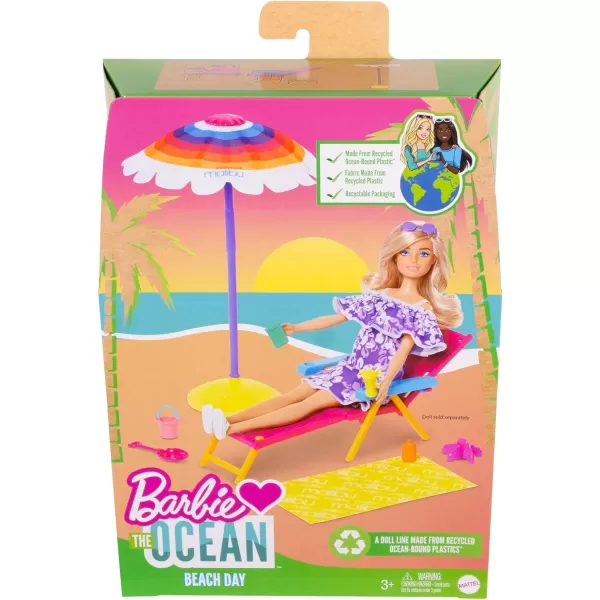 Barbie Loves The Ocean BeachThemed Playset with Lounge Chair Umbrella amp Accessories Made from Recycled Plastics Gift for 3 to 7 Year Olds1 Count Pack of 2