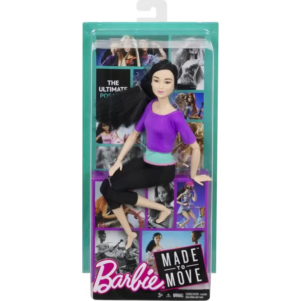 Barbie Made to Move Posable Doll in Green ColorBlocked Top and Yoga Leggings Flexible with Brown HairPurple Top