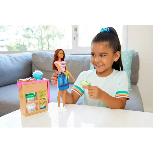 Barbie Noodle Bar Playset with Blonde Doll Workstation 2 White and Green Dough Containers 2 Bowls Play Knife and 2 Pairs of Chopsticks for Ages 4 and UpBrunette