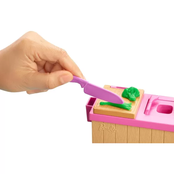 Barbie Noodle Bar Playset with Blonde Doll Workstation 2 White and Green Dough Containers 2 Bowls Play Knife and 2 Pairs of Chopsticks for Ages 4 and UpBlonde