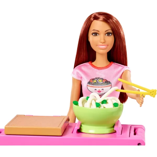 Barbie Noodle Bar Playset with Blonde Doll Workstation 2 White and Green Dough Containers 2 Bowls Play Knife and 2 Pairs of Chopsticks for Ages 4 and UpBrunette