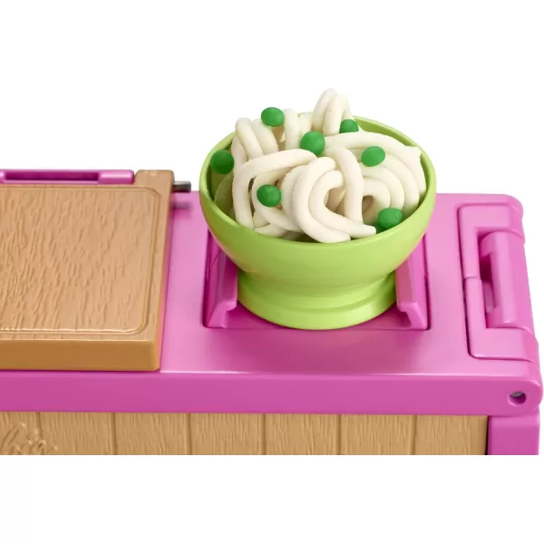 Barbie Noodle Bar Playset with Blonde Doll Workstation 2 White and Green Dough Containers 2 Bowls Play Knife and 2 Pairs of Chopsticks for Ages 4 and UpBlonde