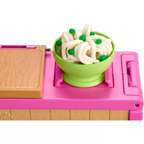 Barbie Noodle Bar Playset with Blonde Doll Workstation 2 White and Green Dough Containers 2 Bowls Play Knife and 2 Pairs of Chopsticks for Ages 4 and UpBrunette