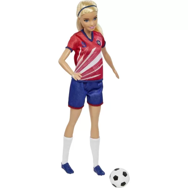 Barbie Soccer Fashion Doll with Blonde Ponytail Colorful 9 Uniform Cleats amp Tall Socks Soccer Ball 115 inchesBlonde Multicolor