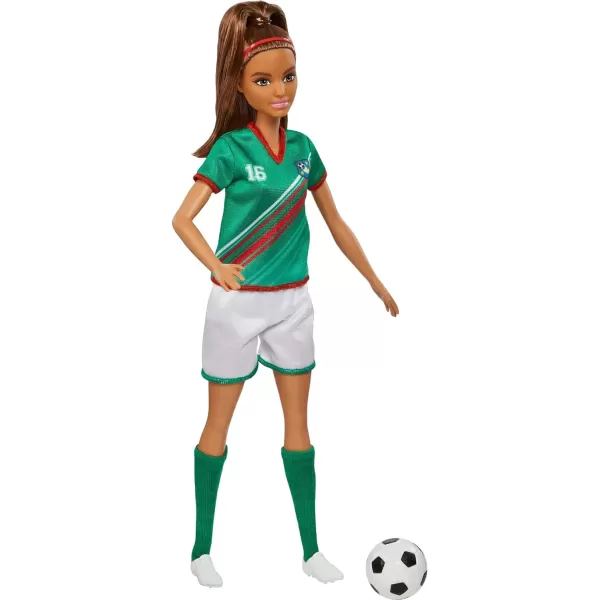 Barbie Soccer Fashion Doll with Blonde Ponytail Colorful 9 Uniform Cleats amp Tall Socks Soccer Ball 115 inchesBrunette Multicolor