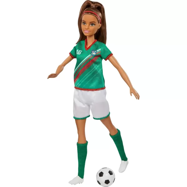 Barbie Soccer Fashion Doll with Blonde Ponytail Colorful 9 Uniform Cleats amp Tall Socks Soccer Ball 115 inchesBrunette Multicolor