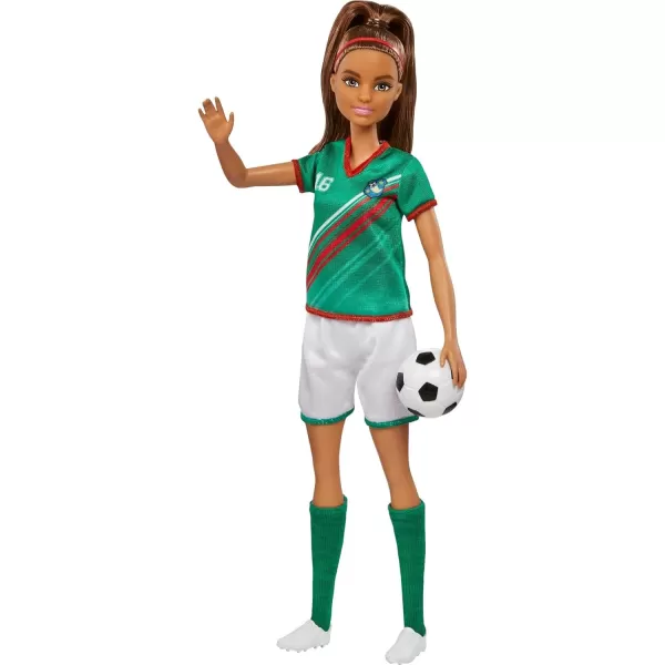 Barbie Soccer Fashion Doll with Blonde Ponytail Colorful 9 Uniform Cleats amp Tall Socks Soccer Ball 115 inchesBrunette Multicolor