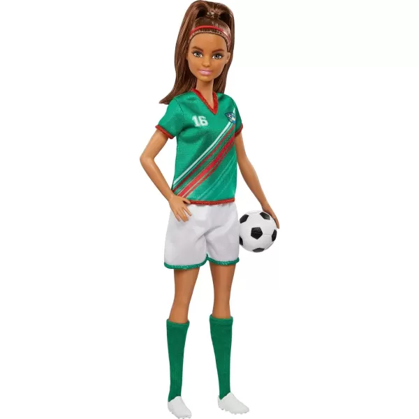 Barbie Soccer Fashion Doll with Blonde Ponytail Colorful 9 Uniform Cleats amp Tall Socks Soccer Ball 115 inchesBrunette Multicolor