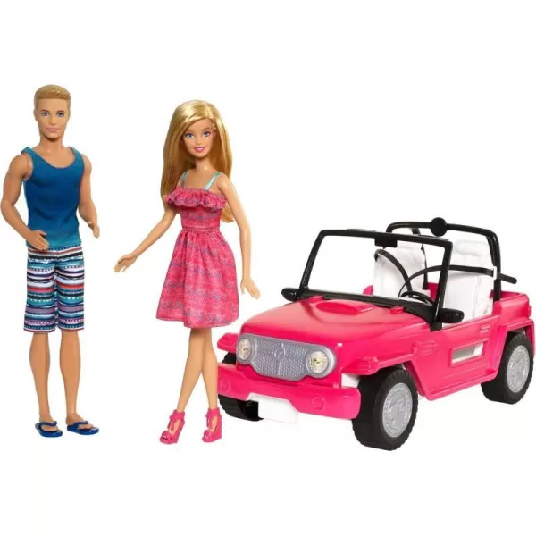 Barbie Car Beach Cruiser with Doll in Sundress and Ken Outfit Pink 2Seater Open ToyBarbie Car Beach Cruiser with Doll in Sundress and Ken Outfit Pink 2Seater Open Toy