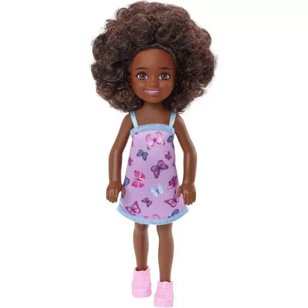 Barbie Chelsea Doll Brunette Curly Hair Wearing OneShoulder FlowerPrint Dress and Pink Shoes Toy for Kids Ages 3 Years Old amp UpBrown Hair Butterfly Dress Multicolor