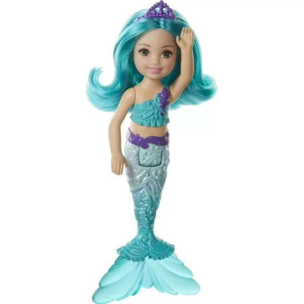 Barbie Dreamtopia Chelsea Mermaid Doll with Teal Hair amp Tail Tiara Accessory Small Doll Bends At WaistBarbie Dreamtopia Chelsea Mermaid Doll with Teal Hair amp Tail Tiara Accessory Small Doll Bends At Waist