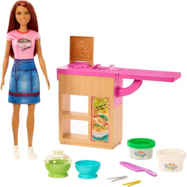 Barbie Noodle Bar Playset with Blonde Doll Workstation 2 White and Green Dough Containers 2 Bowls Play Knife and 2 Pairs of Chopsticks for Ages 4 and UpBrunette