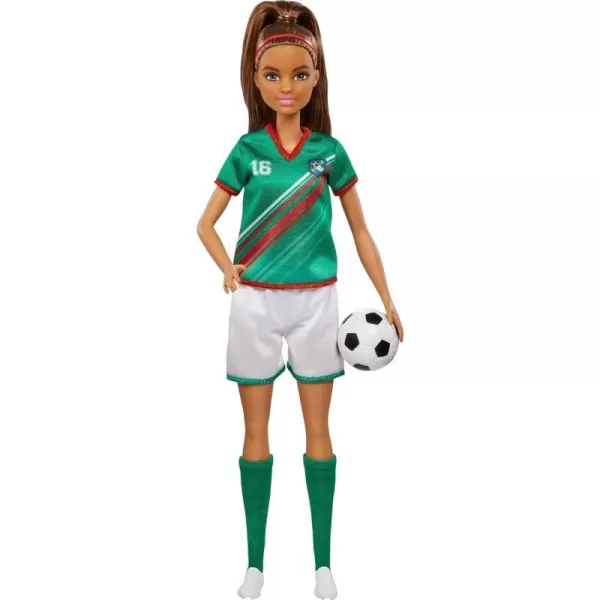 Barbie Soccer Fashion Doll with Blonde Ponytail Colorful 9 Uniform Cleats amp Tall Socks Soccer Ball 115 inchesBrunette Multicolor