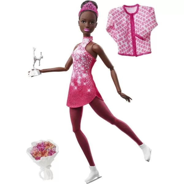 Barbie Winter Sports Ice Skater Brunette Doll 12 Inches with Pink Dress Jacket Rose Bouquet amp Trophy Great Gift for Ages 3 and UpIce Skater