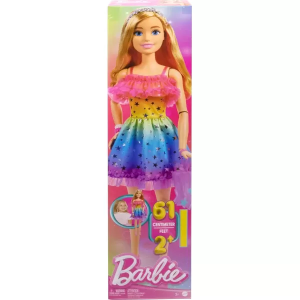 Barbie Large Doll with Dark Brown Hair 28 Inches Tall Rainbow Dress and Styling Accessories Including Shooting Star HandbagBlonde Hair