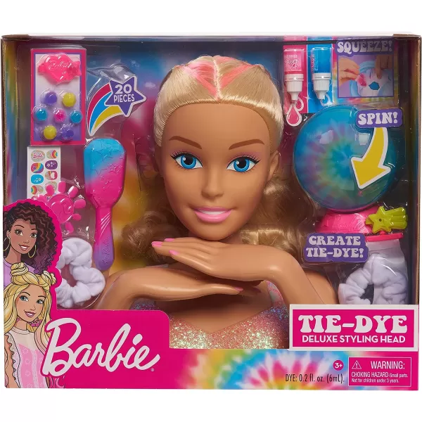 Barbie TieDye Deluxe 21Piece Styling Head Black Hair Includes 2 NonToxic Dye Colors Kids Toys for Ages 3 Up by Just PlayBlonde Hair