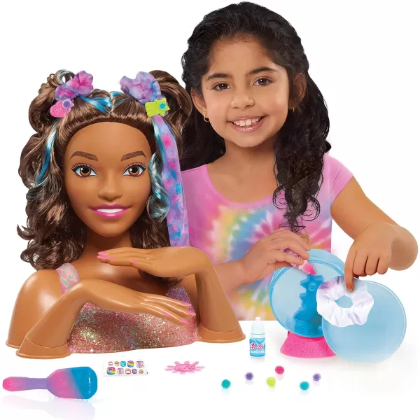 Barbie TieDye Deluxe 21Piece Styling Head Black Hair Includes 2 NonToxic Dye Colors Kids Toys for Ages 3 Up by Just PlayBrown Hair