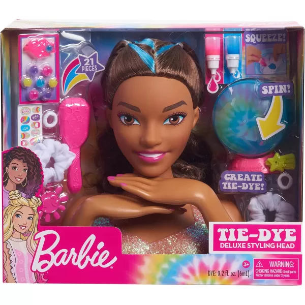 Barbie TieDye Deluxe 21Piece Styling Head Black Hair Includes 2 NonToxic Dye Colors Kids Toys for Ages 3 Up by Just PlayBrown Hair