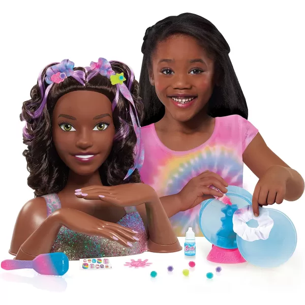 Barbie TieDye Deluxe 21Piece Styling Head Black Hair Includes 2 NonToxic Dye Colors Kids Toys for Ages 3 Up by Just PlayDark Brown Hair