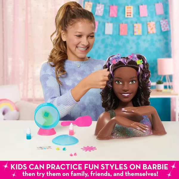 Barbie TieDye Deluxe 21Piece Styling Head Black Hair Includes 2 NonToxic Dye Colors Kids Toys for Ages 3 Up by Just PlayDark Brown Hair