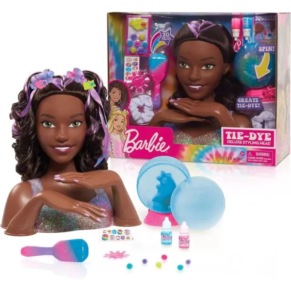 Barbie TieDye Deluxe 21Piece Styling Head Black Hair Includes 2 NonToxic Dye Colors Kids Toys for Ages 3 Up by Just PlayDark Brown Hair