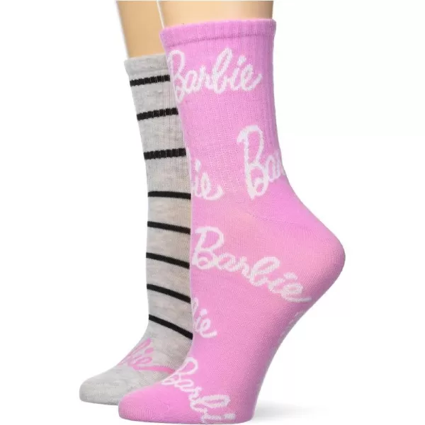 Barbie Womens 2 Pack Mid Crew SocksPink Grey Multi