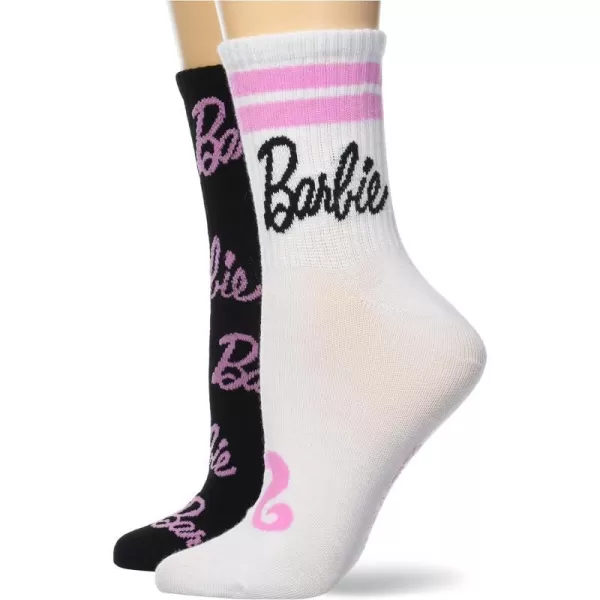 Barbie Womens 2 Pack Mid Crew SocksWhite Black Multi