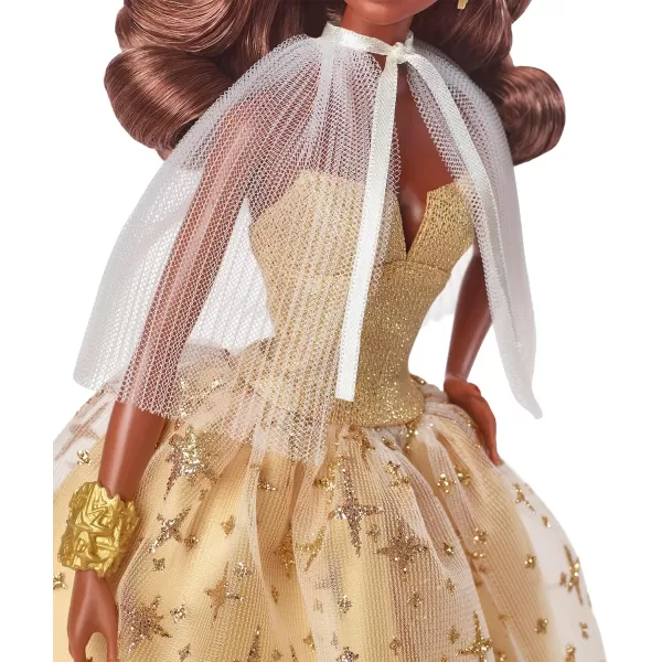 Barbie 2023 Holiday Barbie Doll Seasonal Collector Gift Barbie Signature Golden Gown and Displayable Packaging Dark Brown HairDark Brown