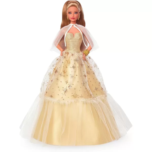 Barbie 2023 Holiday Barbie Doll Seasonal Collector Gift Barbie Signature Golden Gown and Displayable Packaging Dark Brown HairLight Brown