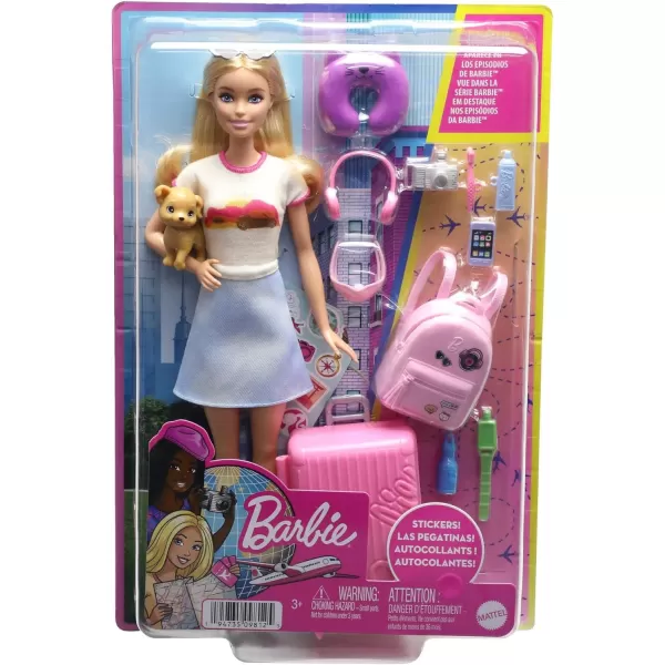 Barbie Doll amp Accessories Travel Set with Puppy and 10 Pieces Suitcase Opens amp Closes Malibu Doll with Blonde HairMalibu