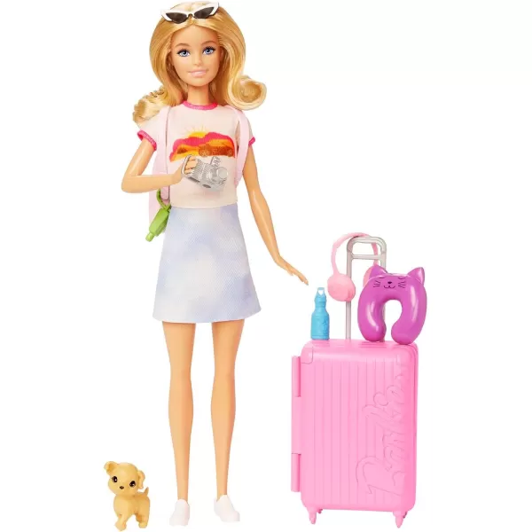 Barbie Doll amp Accessories Travel Set with Puppy and 10 Pieces Suitcase Opens amp Closes Malibu Doll with Blonde HairMalibu