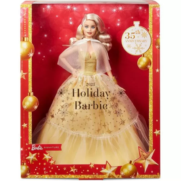 Barbie 2023 Holiday Barbie Doll Seasonal Collector Gift Barbie Signature Golden Gown and Displayable Packaging Dark Brown HairBlonde