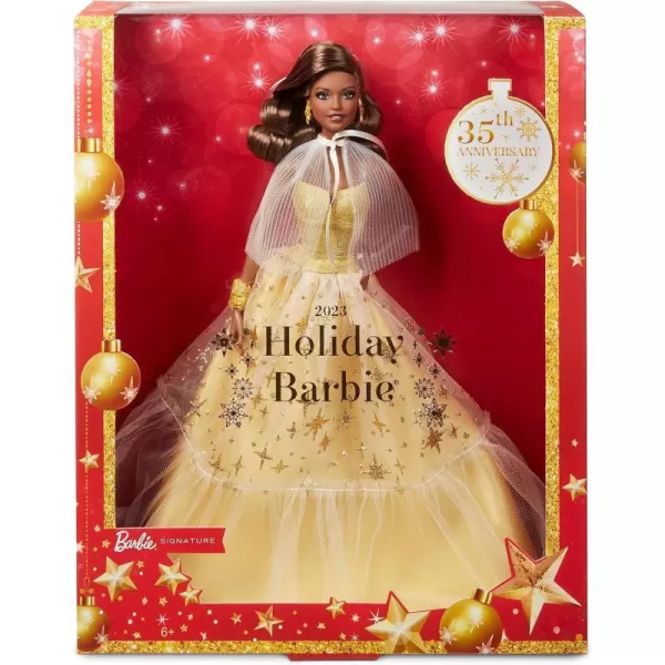 Barbie 2023 Holiday Barbie Doll Seasonal Collector Gift Barbie Signature Golden Gown and Displayable Packaging Dark Brown HairDark Brown