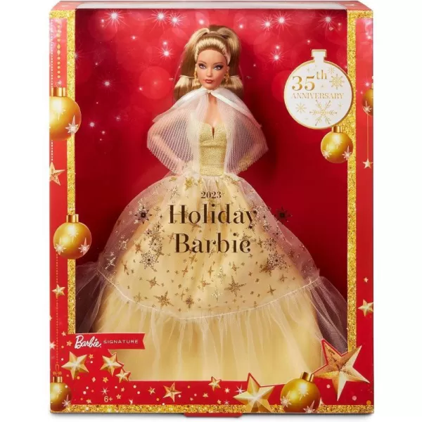 Barbie 2023 Holiday Barbie Doll Seasonal Collector Gift Barbie Signature Golden Gown and Displayable Packaging Dark Brown HairLight Brown