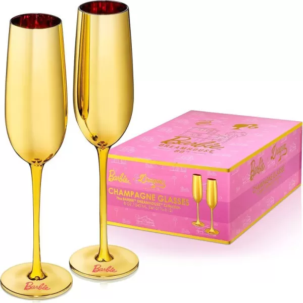 Dragon Glassware x Barbie Champagne Flutes Barbie Dreamhouse Collection Gold with Pink Interior Crystal Glass Mimosa and Cocktail Glasses 8 oz Capacity Set of 22 Count Pack of 1 Barbie Dreamhouse