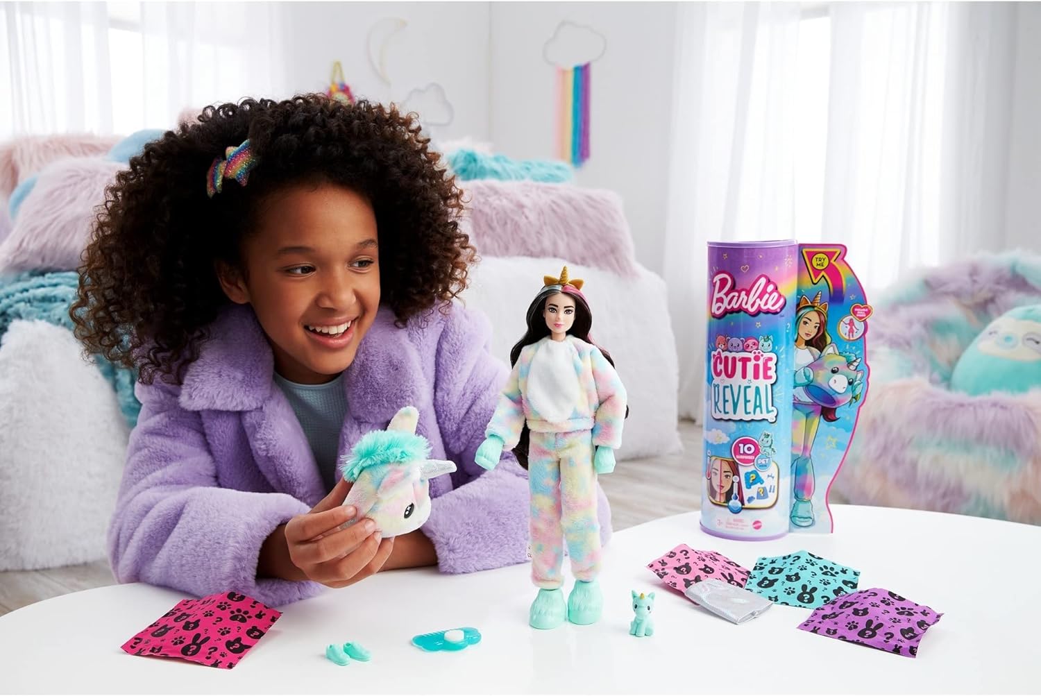 Barbie Doll Cutie Reveal Unicorn Plush Costume Doll with 10 Surprises Mini Pet Unicorn Color Change and Accessories Fantasy SeriesBarbie Doll Cutie Reveal Unicorn Plush Costume Doll with 10 Surprises Mini Pet Unicorn Color Change and Accessories Fantasy Series
