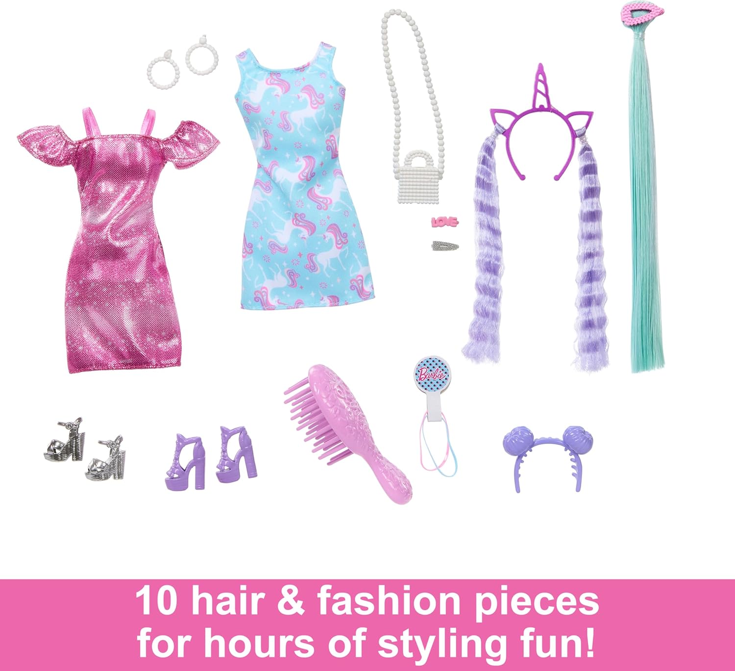Barbie Doll Fun ampamp Fancy Hair with ExtraLong Colorful Black Hair and Shimmery Pink Dress 10 Hair and Fashion Play AccessoriesUnicorn