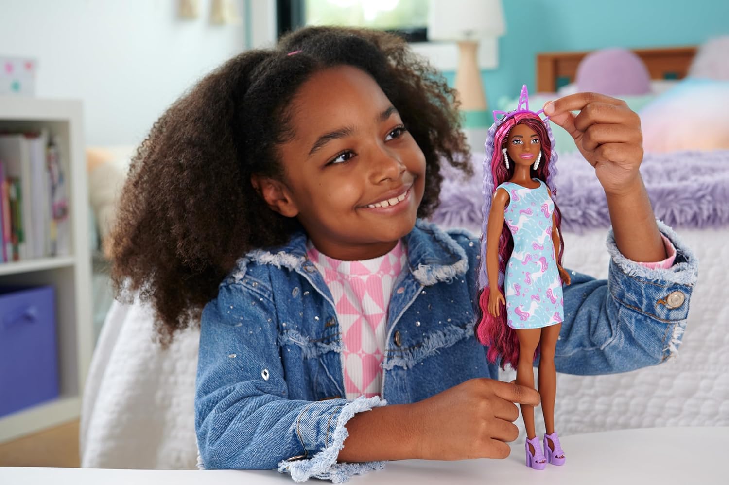 Barbie Doll Fun ampamp Fancy Hair with ExtraLong Colorful Black Hair and Shimmery Pink Dress 10 Hair and Fashion Play AccessoriesUnicorn
