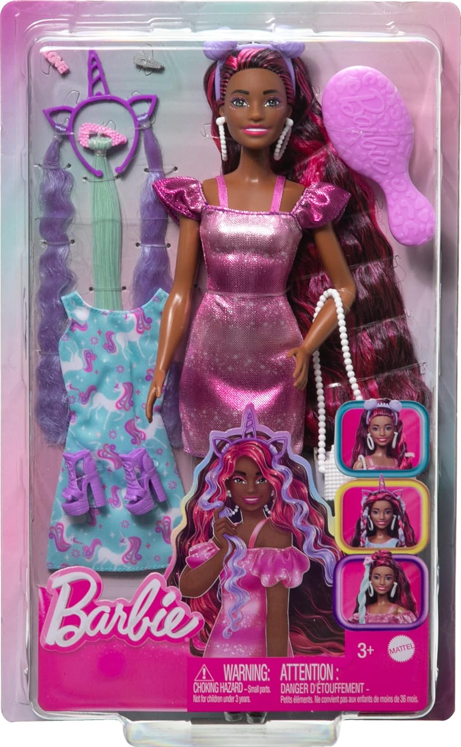 Barbie Doll Fun ampamp Fancy Hair with ExtraLong Colorful Black Hair and Shimmery Pink Dress 10 Hair and Fashion Play AccessoriesUnicorn