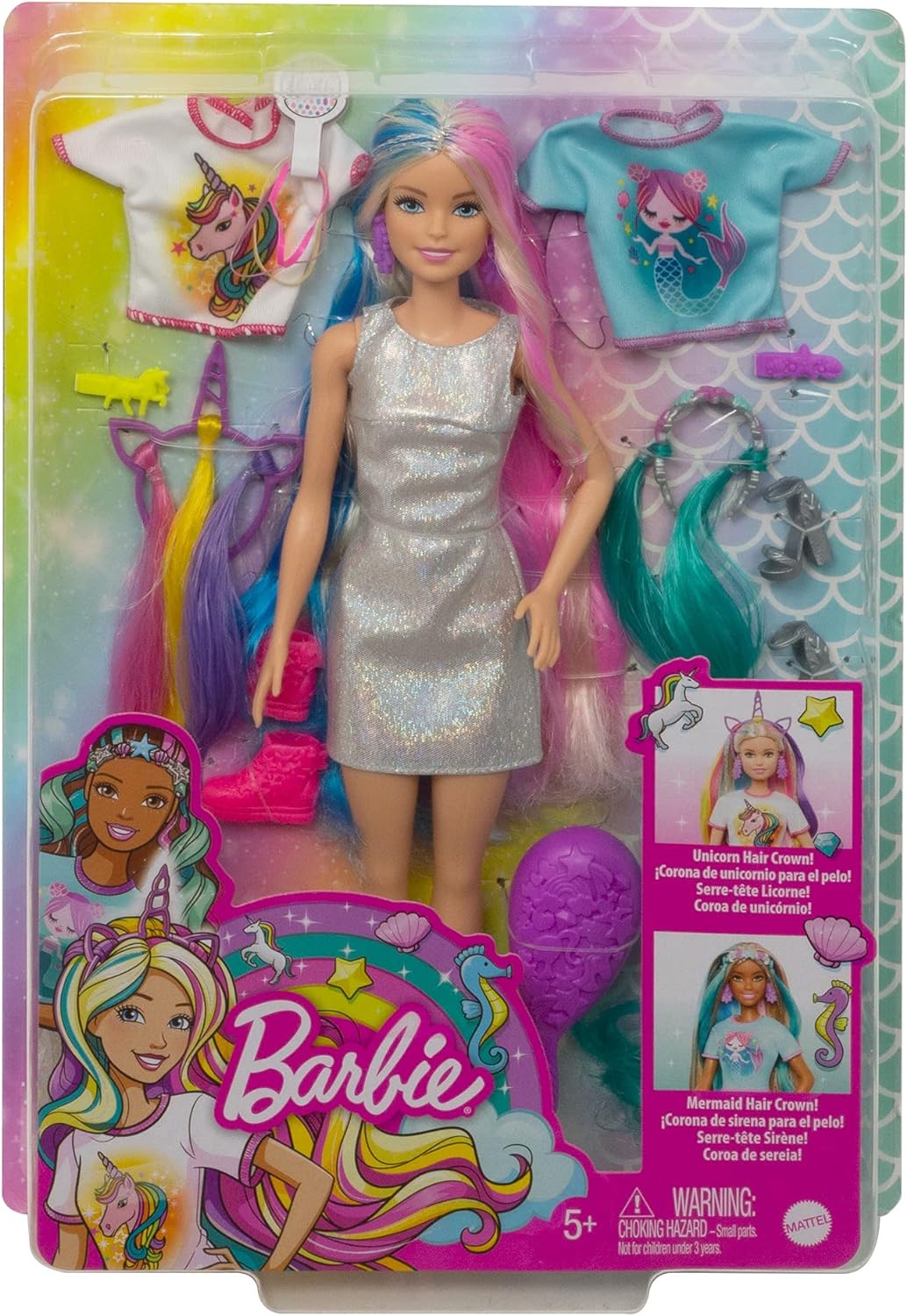 Barbie Fantasy Hair Doll amp Accessories Long Colorful Blonde Hair with Mermaid and UnicornInspired ClothesBlonde