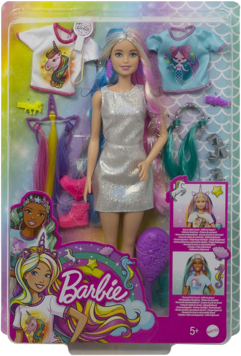 Barbie Fantasy Hair Doll amp Accessories Long Colorful Blonde Hair with Mermaid and UnicornInspired ClothesBlonde