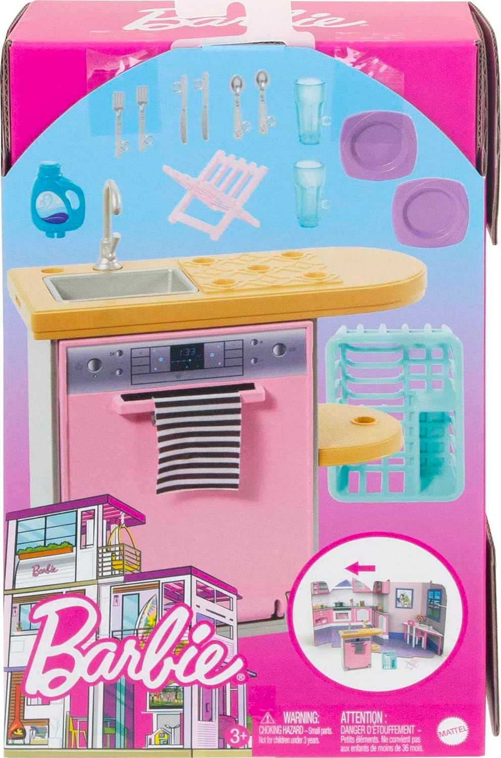Barbie Furniture and Accessories Doll House Decor Set with Dishwasher Theme Kitchen AddOn with Counter SinkKitchen Set Multicolor