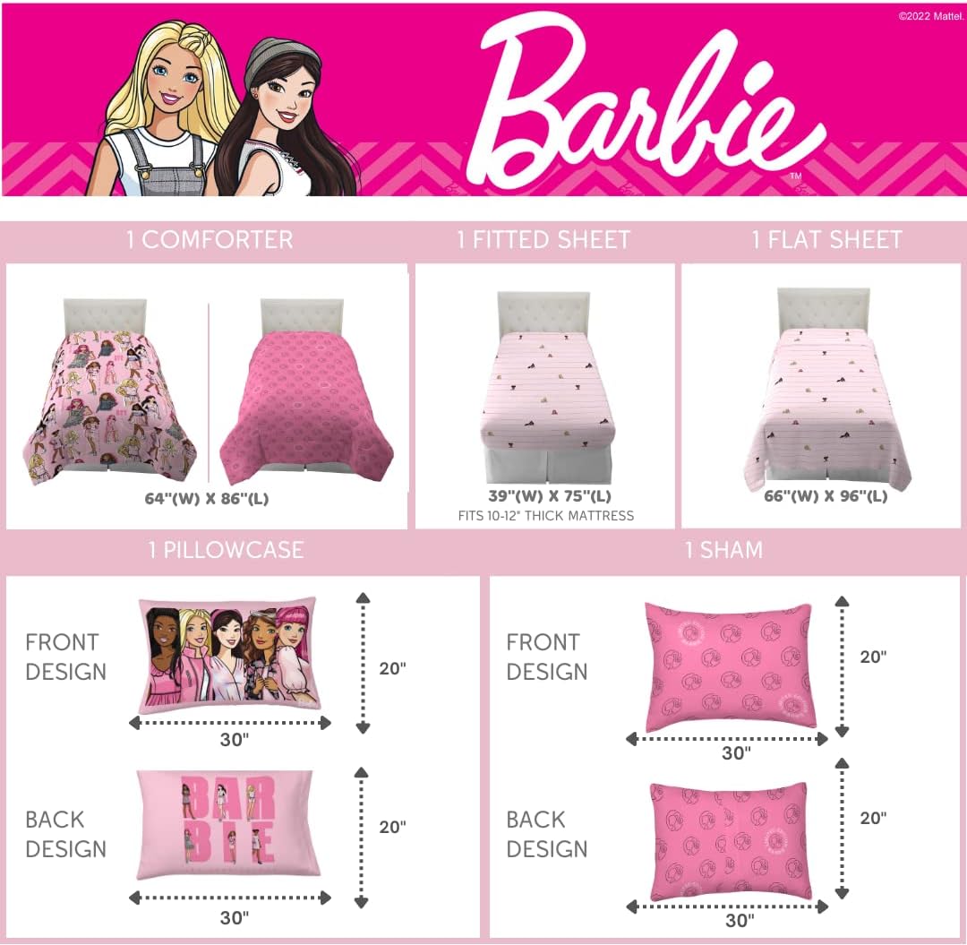 Franco Barbie Barbiecore Bedding Super Soft Comforter and Sheet Set with Sham 5 Piece Twin Size College Dorm Essentials Official Licensed ProductBarbie Twin