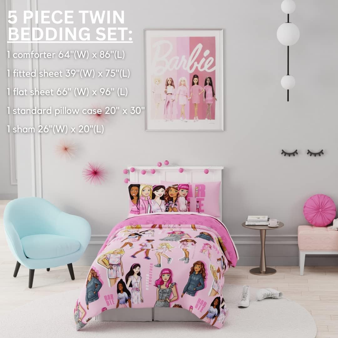 Franco Barbie Barbiecore Bedding Super Soft Comforter and Sheet Set with Sham 5 Piece Twin Size College Dorm Essentials Official Licensed ProductBarbie Twin