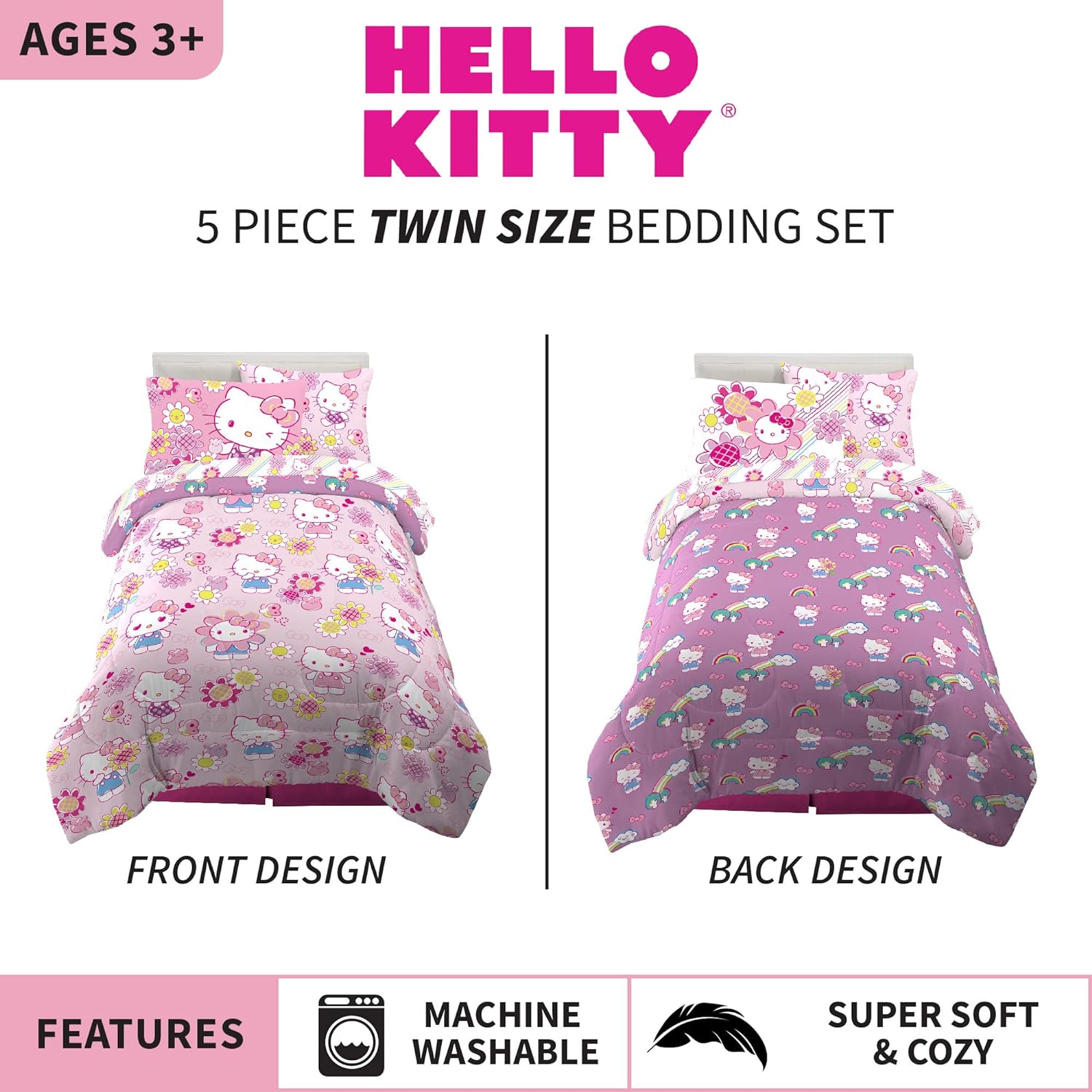 Franco Barbie Barbiecore Bedding Super Soft Comforter and Sheet Set with Sham 5 Piece Twin Size College Dorm Essentials Official Licensed ProductHello Kitty  Rainbow Garden 5 Piece Twin Size