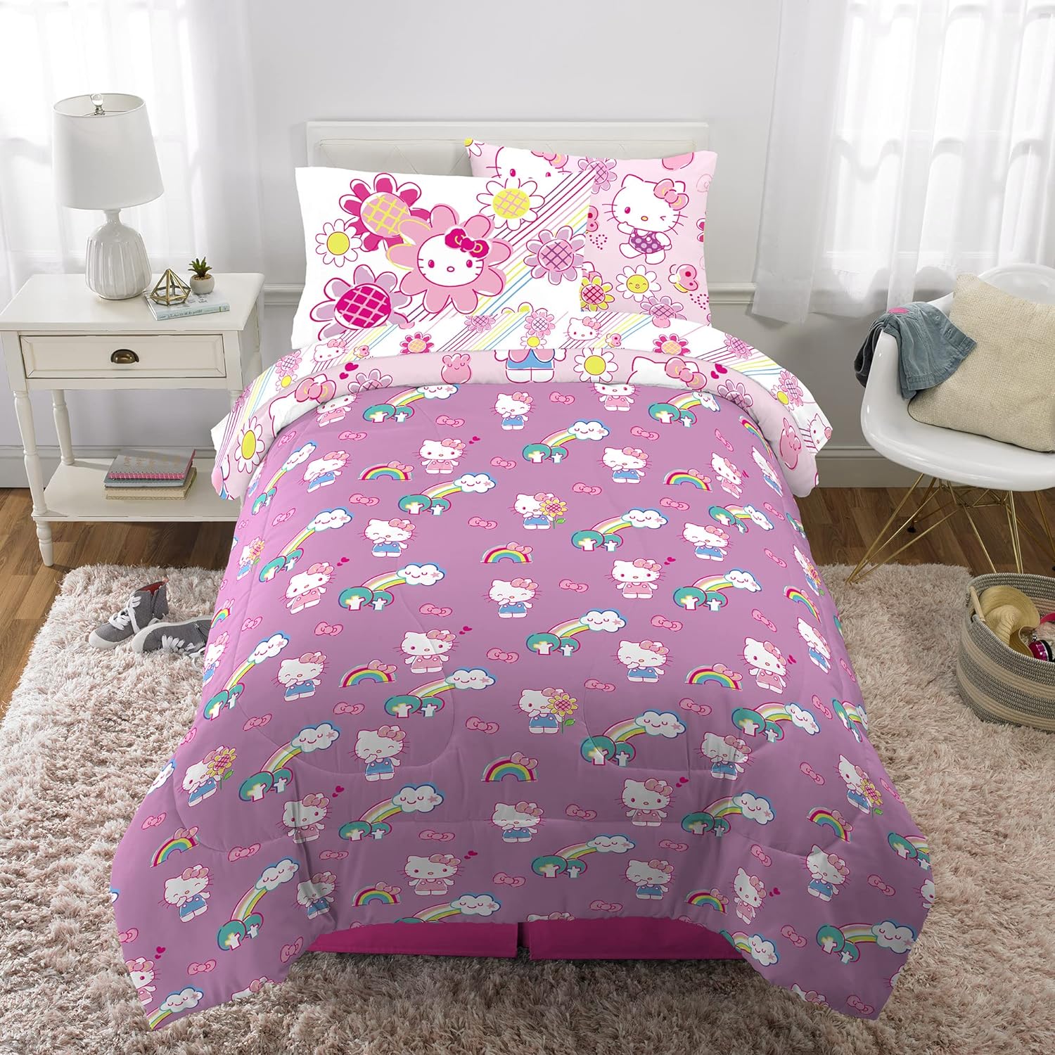 Franco Barbie Barbiecore Bedding Super Soft Comforter and Sheet Set with Sham 5 Piece Twin Size College Dorm Essentials Official Licensed ProductHello Kitty  Rainbow Garden 5 Piece Twin Size
